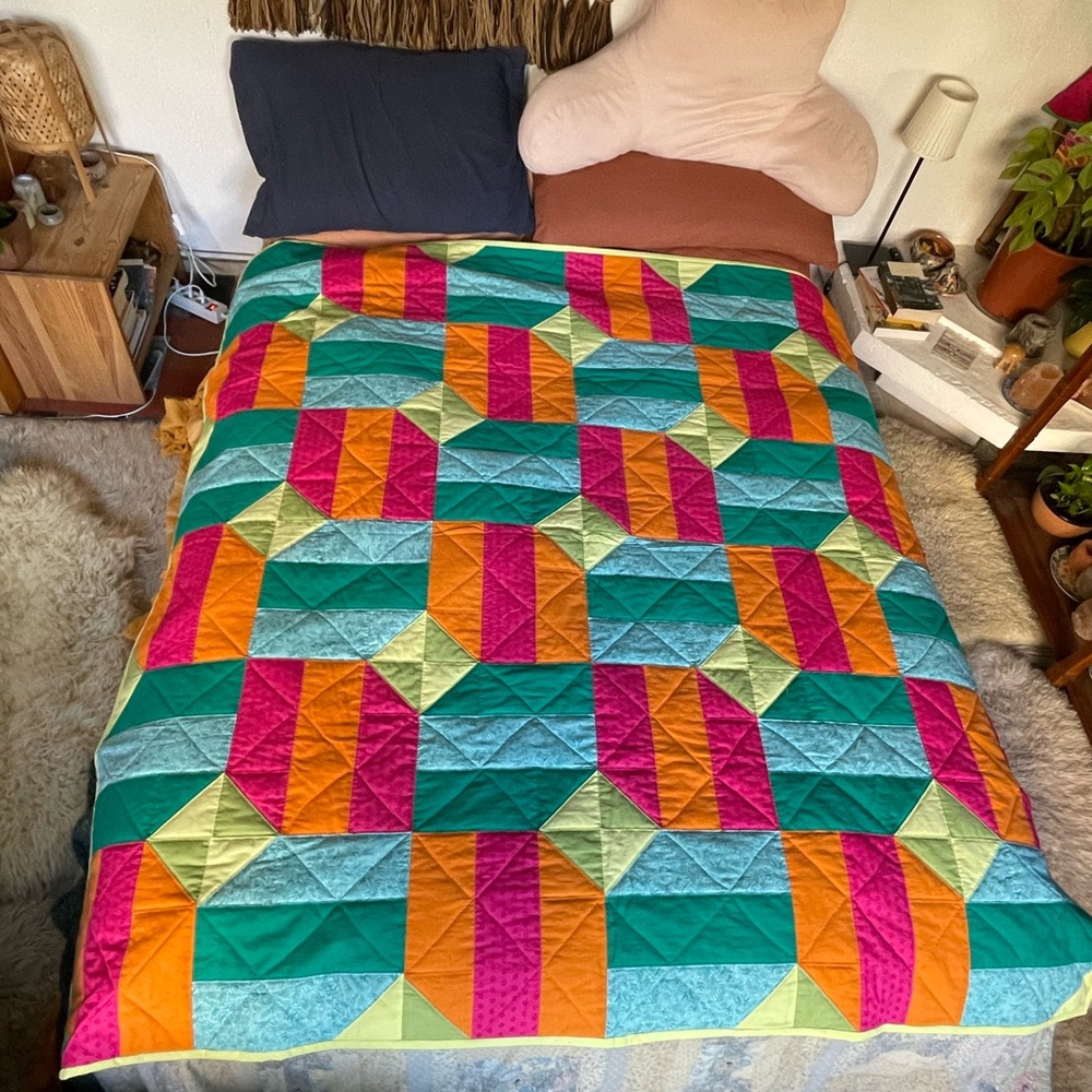 Handmade colorful geometric quilt 71”x71” queen
